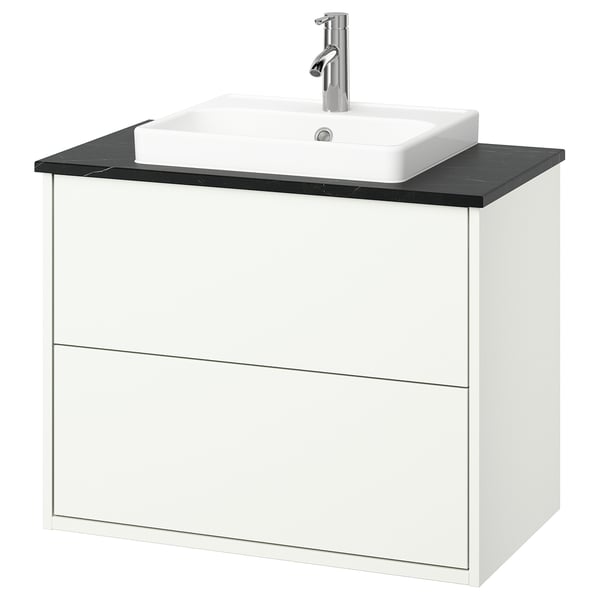 HAVBÄCK / ORRSJÖN wash-stnd w drawers/wash-basin/tap, white/black marble effect, 82x49x71 cm