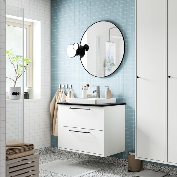 HAVBÄCK / ORRSJÖN wash-stnd w drawers/wash-basin/tap, white/black marble effect, 82x49x71 cm