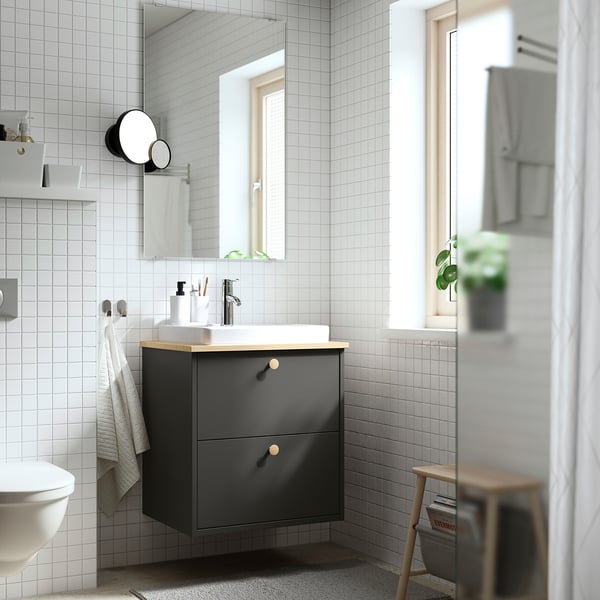 HAVBÄCK / ORRSJÖN - Washbasin/drawer/misc cabinet, dark grey/light bamboo,62x49x71 cm