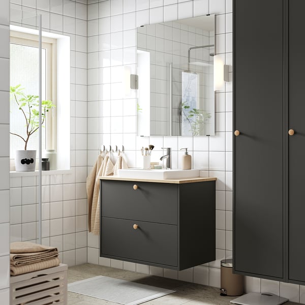 HAVBÄCK / ORRSJÖN wash-stnd w drawers/wash-basin/tap, dark grey/light bamboo, 82x49x71 cm