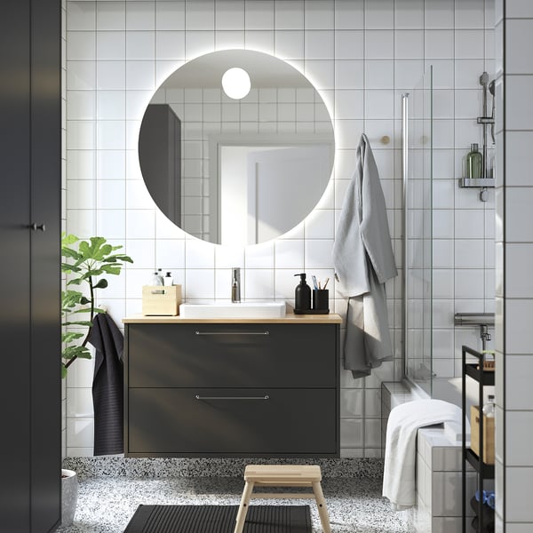 HAVBÄCK / ORRSJÖN wash-stnd w drawers/wash-basin/tap, dark grey/light bamboo, 102x49x71 cm
