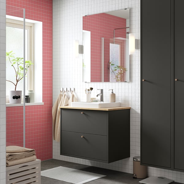 HAVBÄCK / ORRSJÖN - Washbasin/drawer/misc cabinet, dark grey/amber,82x49x71 cm