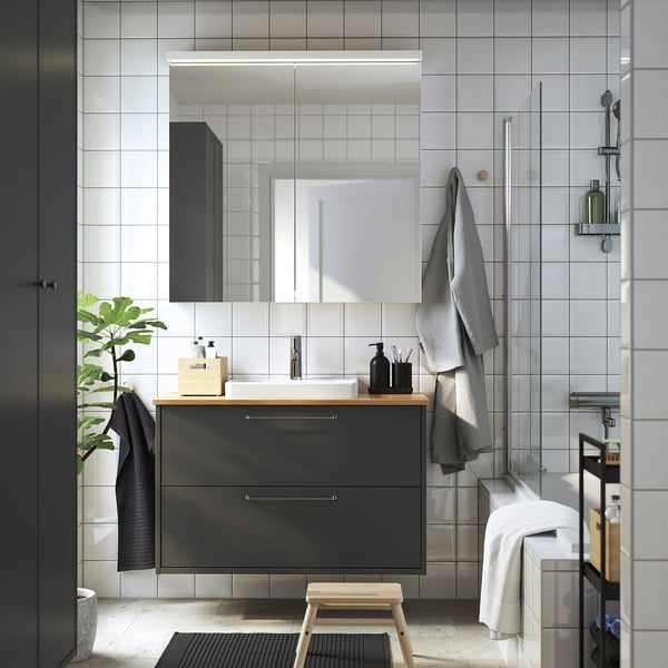HAVBÄCK / ORRSJÖN wash-stnd w drawers/wash-basin/tap, dark grey/bamboo, 102x49x71 cm