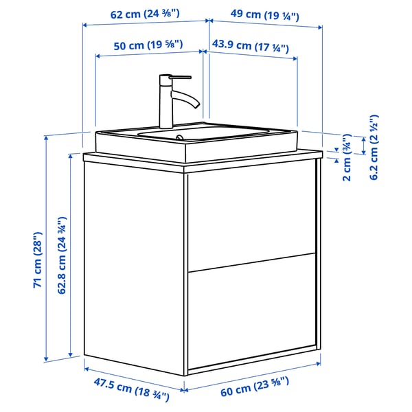 HAVBÄCK / ORRSJÖN - Washbasin/drawer/misc cabinet, dark grey/white marble effect,62x49x71 cm