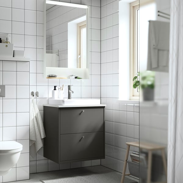 HAVBÄCK / ORRSJÖN - Washbasin/drawer/misc cabinet, dark grey/white marble effect,62x49x71 cm