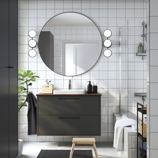 HAVBÄCK / ORRSJÖN - Washbasin/drawer/misc cabinet, dark grey/brown walnut effect,102x49x71 cm