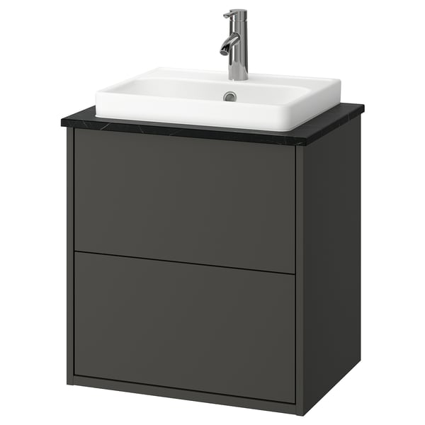 HAVBÄCK / ORRSJÖN wash-stnd w drawers/wash-basin/tap, dark grey/black marble effect, 62x49x71 cm