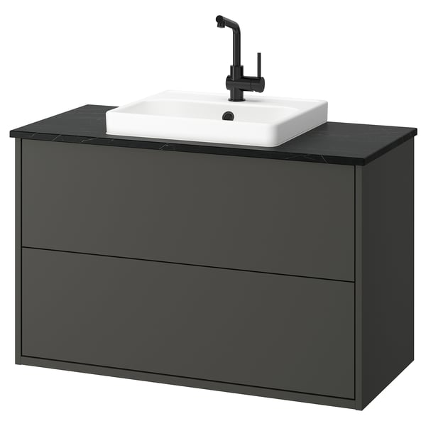 HAVBÄCK / ORRSJÖN wash-stnd w drawers/wash-basin/tap, dark grey/black marble effect, 102x49x71 cm