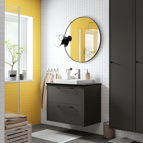 HAVBÄCK / ORRSJÖN - Washbasin/drawer/misc cabinet, dark grey/black marble effect,82x49x71 cm