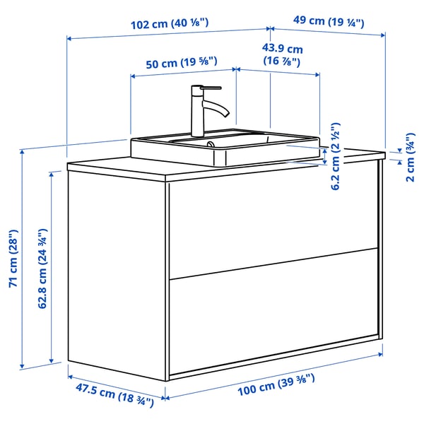 HAVBÄCK / ORRSJÖN - Washbasin/drawer/misc cabinet, dark grey/black marble effect,102x49x71 cm