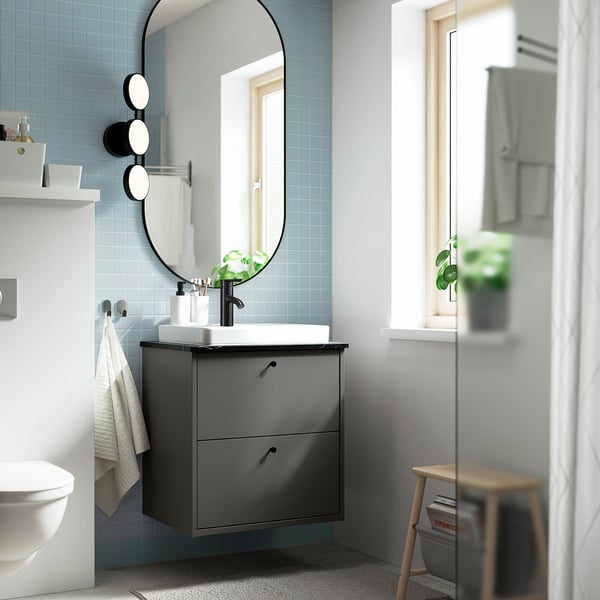 HAVBÄCK / ORRSJÖN wash-stnd w drawers/wash-basin/tap, dark grey/black marble effect, 62x49x71 cm