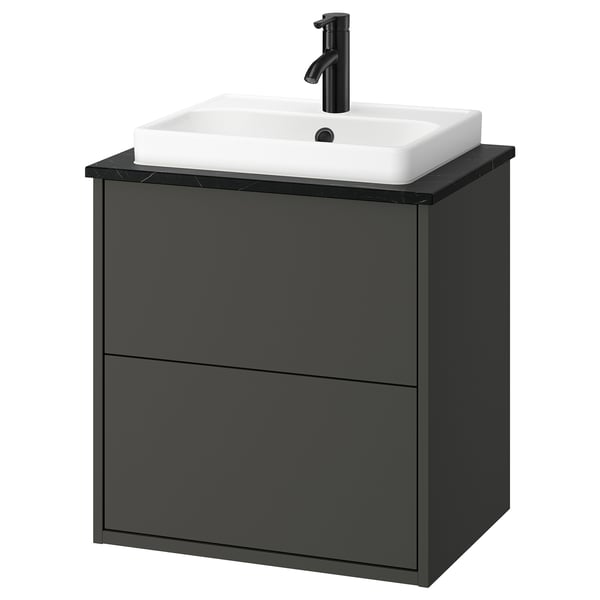 HAVBÄCK / ORRSJÖN wash-stnd w drawers/wash-basin/tap, dark grey/black marble effect, 62x49x71 cm