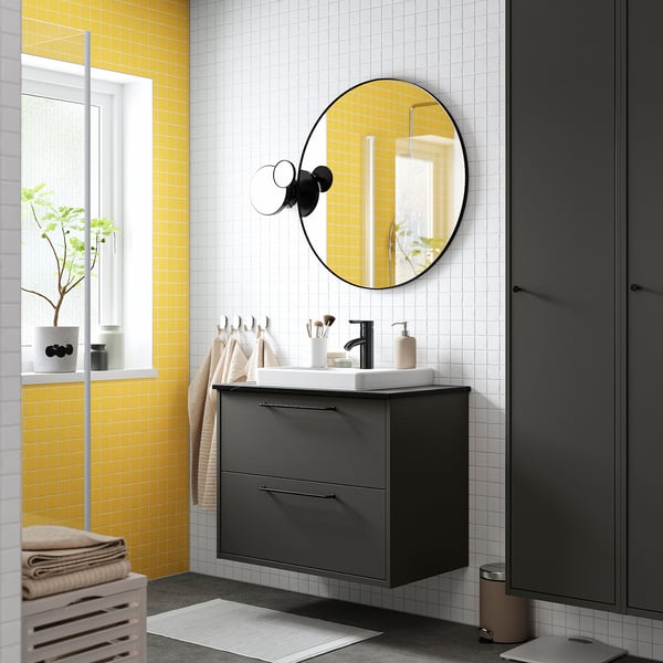 HAVBÄCK / ORRSJÖN wash-stnd w drawers/wash-basin/tap, dark grey/black marble effect, 82x49x71 cm