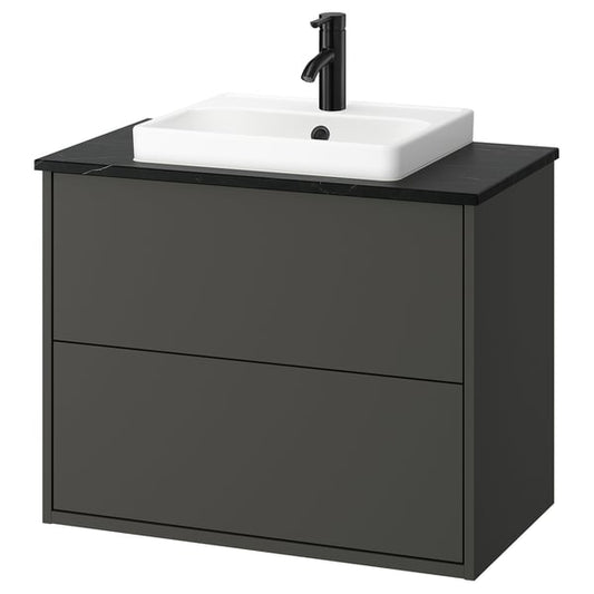 HAVBÄCK / ORRSJÖN - Washbasin/drawer/misc cabinet, dark grey/black marble effect,82x49x71 cm