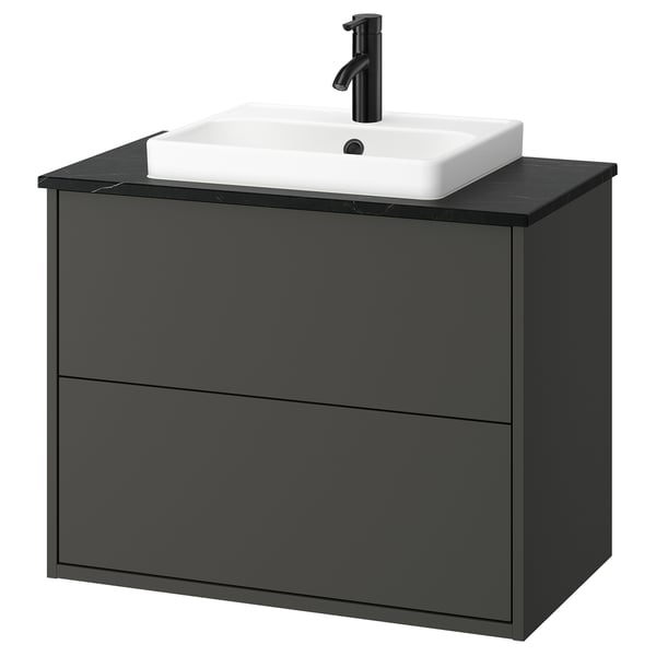 HAVBÄCK / ORRSJÖN - Washbasin/drawer/misc cabinet, dark grey/black marble effect,82x49x71 cm