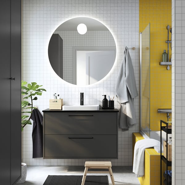 HAVBÄCK / ORRSJÖN - Washbasin/drawer/misc cabinet, dark grey/black marble effect,102x49x71 cm