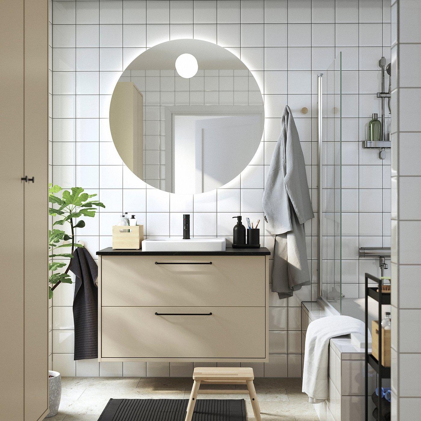 HAVBÄCK / ORRSJÖN wash-stnd w drawers/wash-basin, beige/black marble effect, 102x49x71 cm