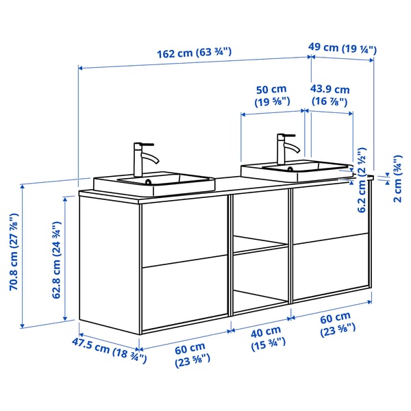 HAVBÄCK / ORRSJÖN wash-stand/wash-basins/taps, beige/oak effect/white marble effect, 162x49x71 cm
