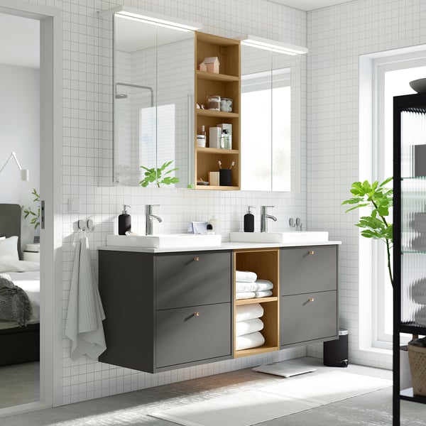 HAVBÄCK / ORRSJÖN - Washbasin/washbasin unit/mixer, dark grey/white marble effect,162x49x71 cm