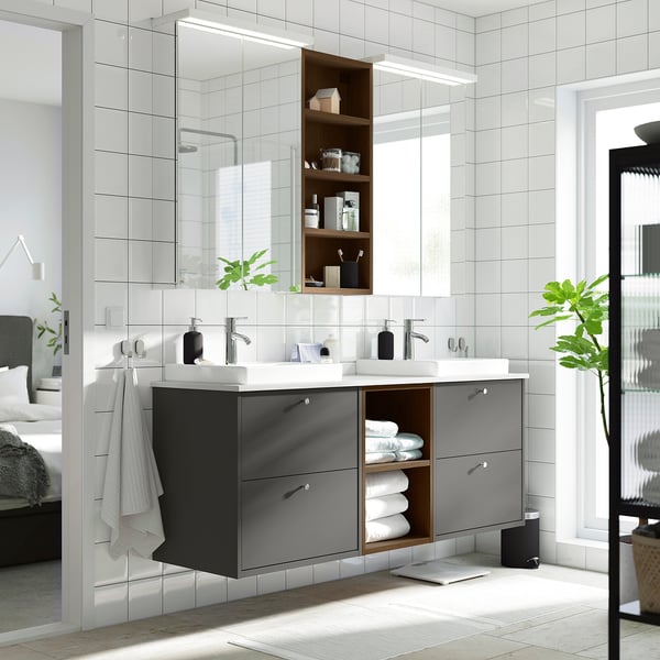 HAVBÄCK / ORRSJÖN wash-stand/wash-basins/taps, dark grey/brown oak effect/white marble effect, 162x49x71 cm