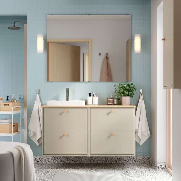 HAVBÄCK / ORRSJÖN wash-stand/wash-basin/tap, beige/light bamboo, 122x49x71 cm