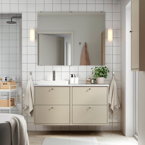 HAVBÄCK / ORRSJÖN - Washbasin/washbasin unit/mixer, beige/white marble effect,122x49x71 cm