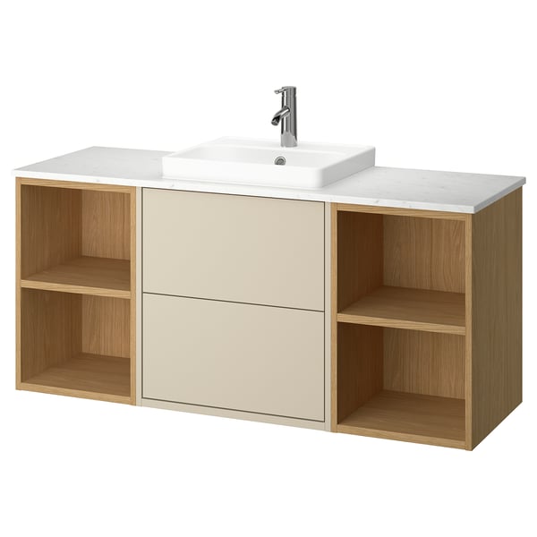 HAVBÄCK / ORRSJÖN wash-stand/wash-basin/tap, beige/oak effect/white marble effect, 142x49x71 cm