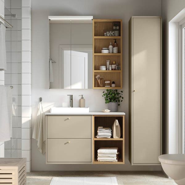 HAVBÄCK / ORRSJÖN - Washbasin/washbasin unit/mixer, beige/oak/white marble effect,102x49x71 cm