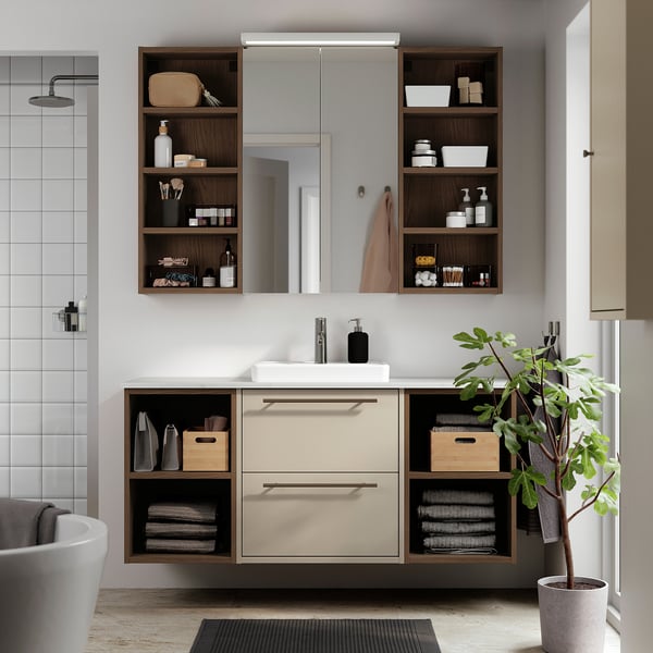 HAVBÄCK / ORRSJÖN wash-stand/wash-basin/tap, beige/brown oak effect/white marble effect, 142x49x71 cm