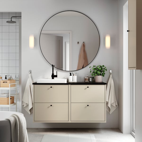 HAVBÄCK / ORRSJÖN wash-stand/wash-basin/tap, beige/black marble effect, 122x49x71 cm