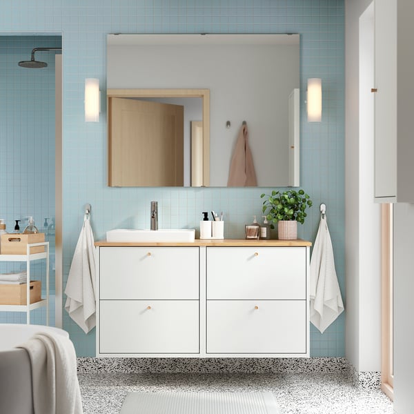 HAVBÄCK / ORRSJÖN - Washbasin/washbasin unit/mixer, white/amber,122x49x71 cm