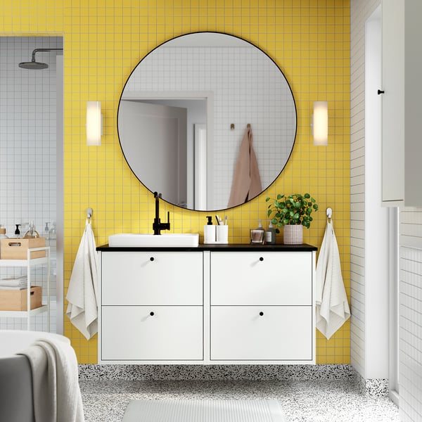 HAVBÄCK / ORRSJÖN - Washbasin/black marble-effect washbasin/mixer unit, 122x49x71 cm