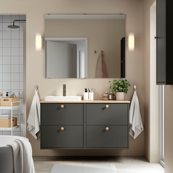 HAVBÄCK / ORRSJÖN wash-stand/wash-basin/tap, dark grey/light bamboo, 122x49x71 cm