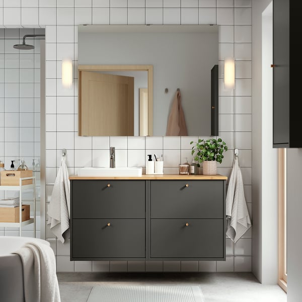 HAVBÄCK / ORRSJÖN - Washbasin / washbasin/mixer unit, dark grey / bamboo,122x49x71 cm