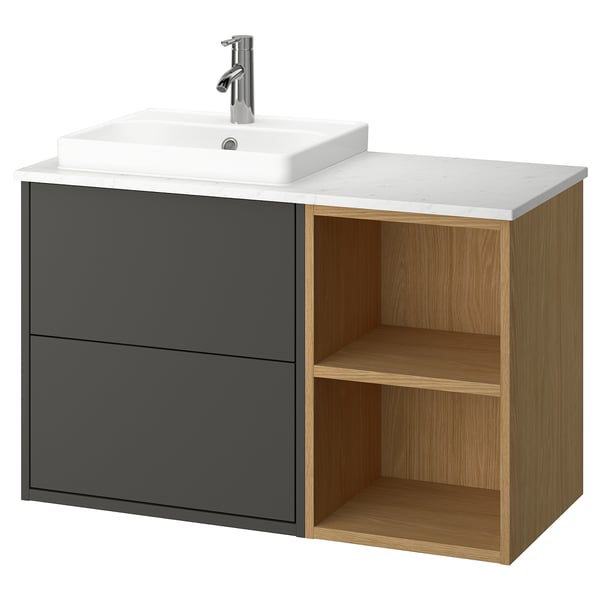 HAVBÄCK / ORRSJÖN wash-stand/wash-basin/tap, dark grey/oak effect/white marble effect, 102x49x71 cm
