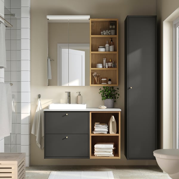 HAVBÄCK / ORRSJÖN - Washbasin/washbasin unit/mixer, dark grey/white marble effect,102x49x71 cm