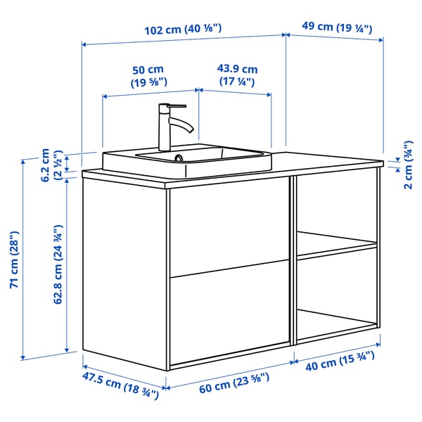 HAVBÄCK / ORRSJÖN wash-stand/wash-basin/tap, dark grey/oak effect/white marble effect, 102x49x71 cm