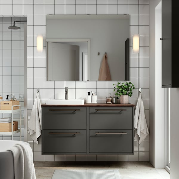 HAVBÄCK / ORRSJÖN wash-stand/wash-basin/tap, dark grey/brown walnut effect, 122x49x71 cm