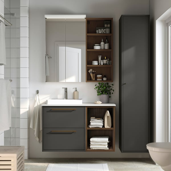 HAVBÄCK / ORRSJÖN wash-stand/wash-basin/tap, dark grey/brown oak effect/white marble effect, 102x49x71 cm