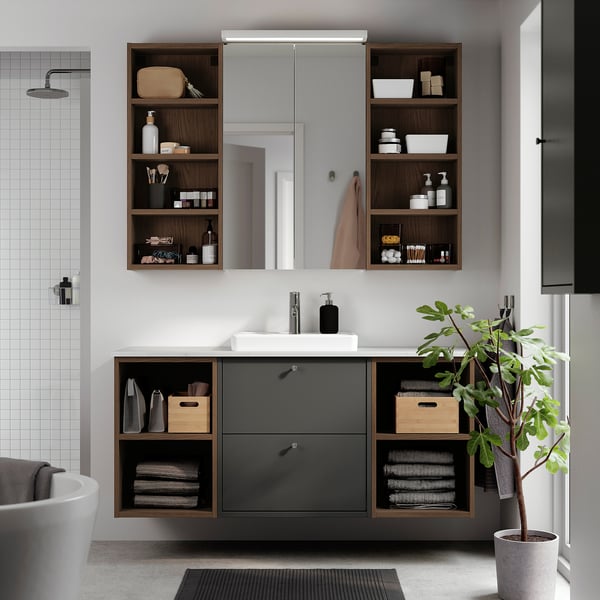 HAVBÄCK / ORRSJÖN wash-stand/wash-basin/tap, dark grey/brown oak effect/white marble effect, 142x49x71 cm