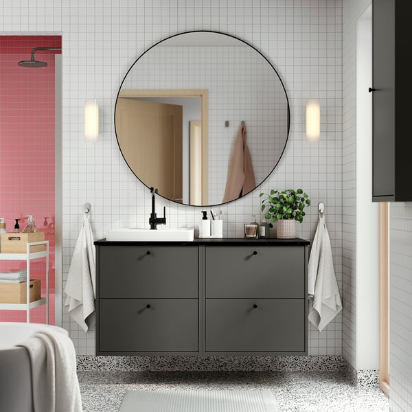 HAVBÄCK / ORRSJÖN - Washbasin/mixer unit, dark grey/black marble effect,122x49x71 cm