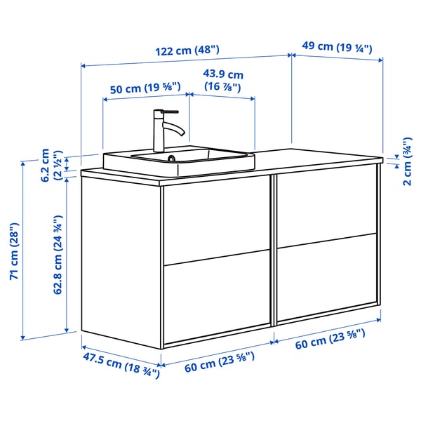HAVBÄCK / ORRSJÖN - Washbasin/mixer unit, dark grey/black marble effect,122x49x71 cm