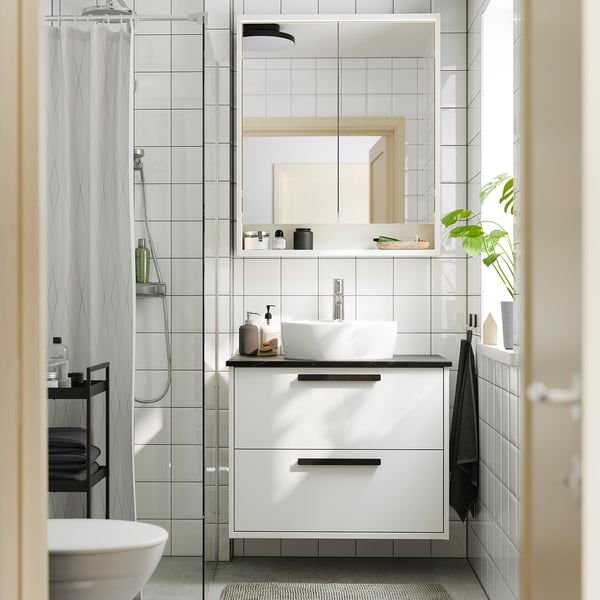 HAVBÄCK / TÖRNVIKEN wash-stnd w drawers/wash-basin/tap, white/black marble effect