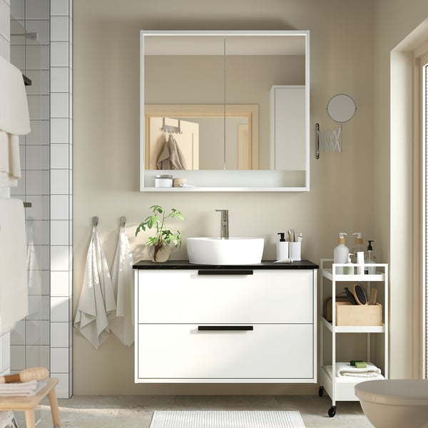 HAVBÄCK / TÖRNVIKEN wash-stnd w drawers/wash-basin/tap, white/black marble effect