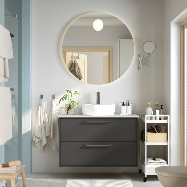 HAVBÄCK / TÖRNVIKEN wash-stnd w drawers/wash-basin/tap, dark grey/white marble effect