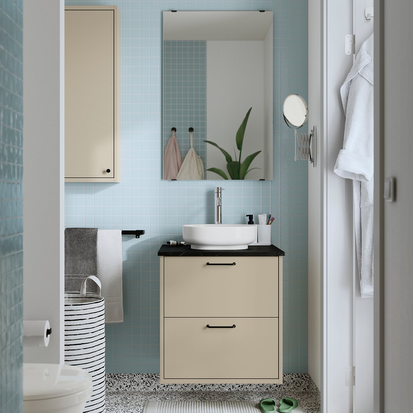 HAVBÄCK / VINDELÄLVEN wash-stnd w drawers/wash-basin, beige/black marble effect, 62x49x77 cm