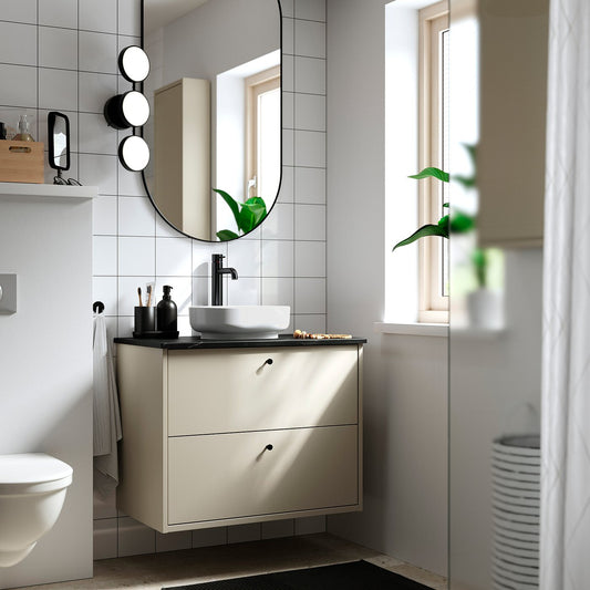 HAVBÄCK / VINDELÄLVEN wash-stnd w drawers/wash-basin, beige/black marble effect, 82x49x77 cm