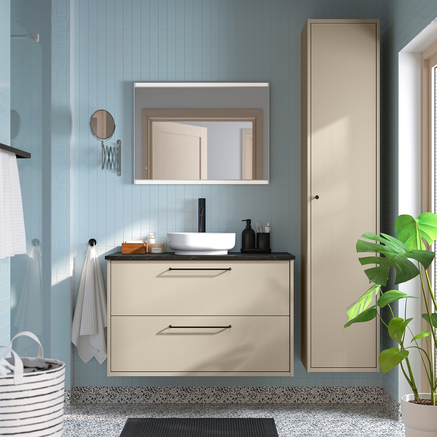 HAVBÄCK / VINDELÄLVEN wash-stnd w drawers/wash-basin, beige/black marble effect, 102x49x77 cm