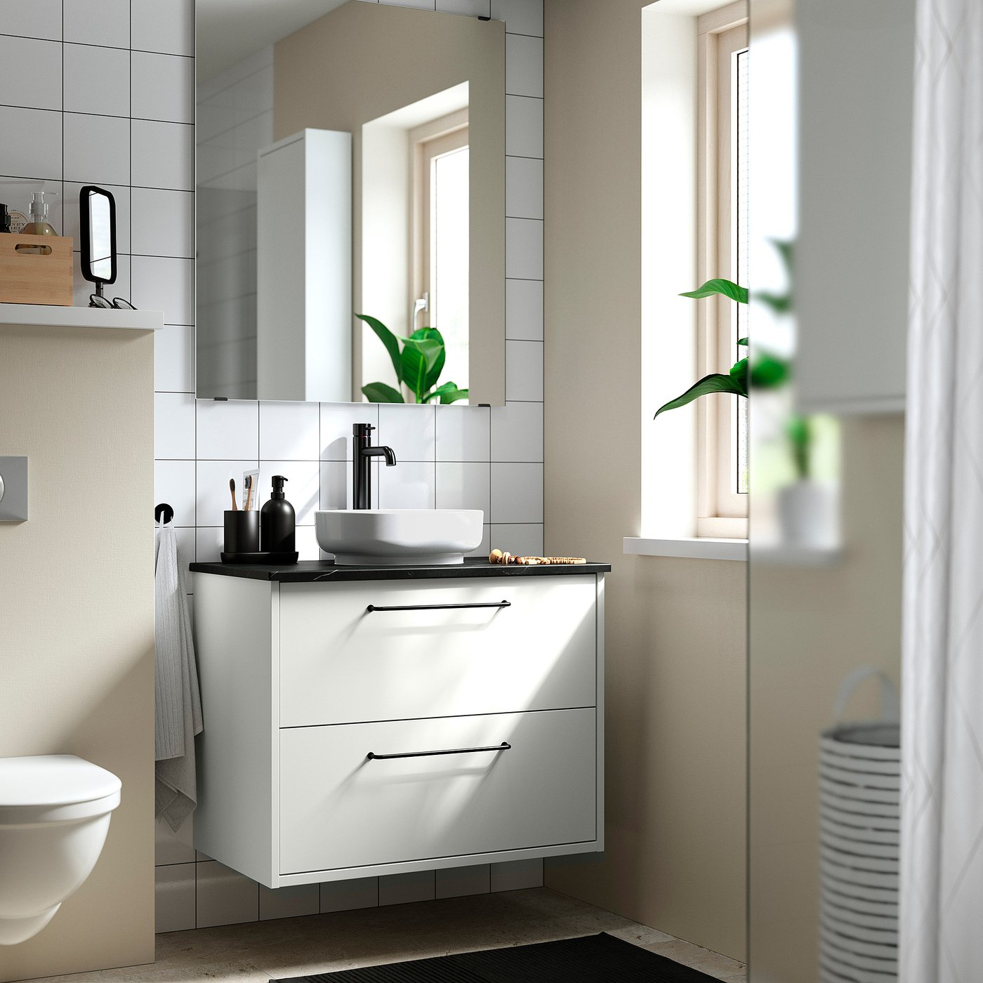 HAVBÄCK / VINDELÄLVEN wash-stnd w drawers/wash-basin, white/black marble effect, 82x49x77 cm