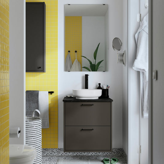 HAVBÄCK / VINDELÄLVEN wash-stnd w drawers/wash-basin, dark grey/black marble effect, 62x49x77 cm